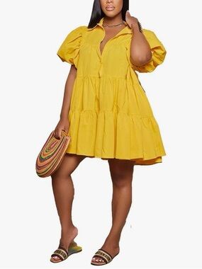 Yellow Tiered Puff Sleeve Shirt Dress - Women's Summer Dress